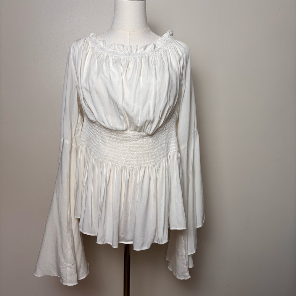 Belle Pogue White Smocked Waist Peasant Blouse Bell Sleeve Festival Top Sz 2XL